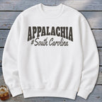 White sweatshirt with "APPALACHIA #South Carolina" text printed in dark grey.