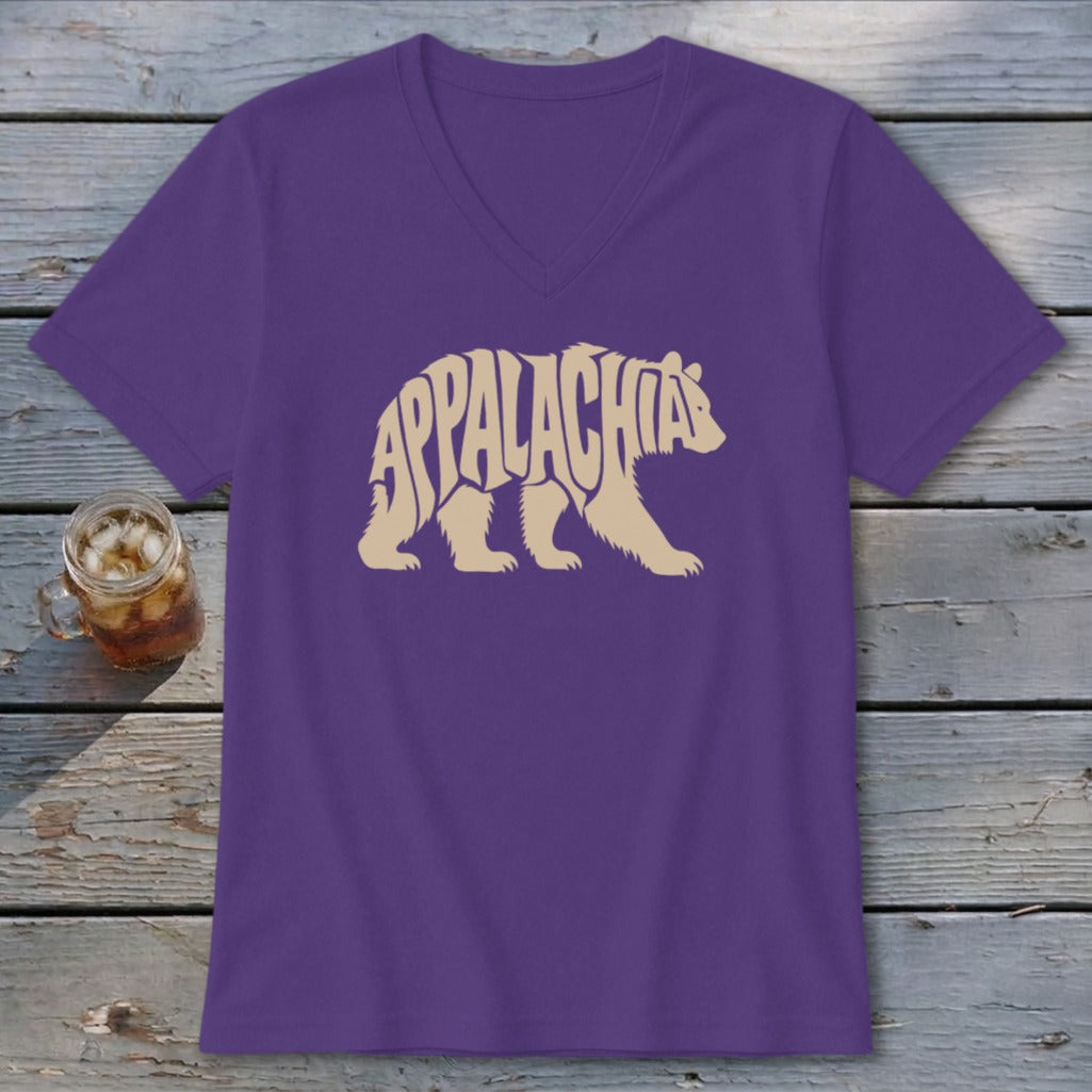 A purple V-neck t-shirt featuring a beige bear graphic filled with the word Appalachia.