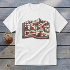 White short-sleeve t-shirt featuring a red, black, and white graphic of mountains and a patterned landscape.