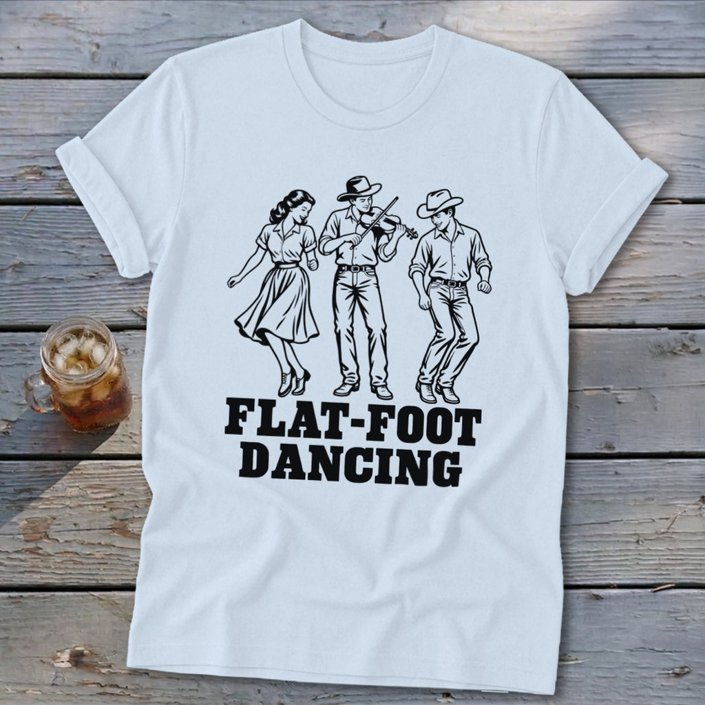White t-shirt with black graphic of flat-foot dancers and text.