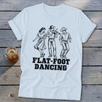 White t-shirt with black graphic of flat-foot dancers and text.