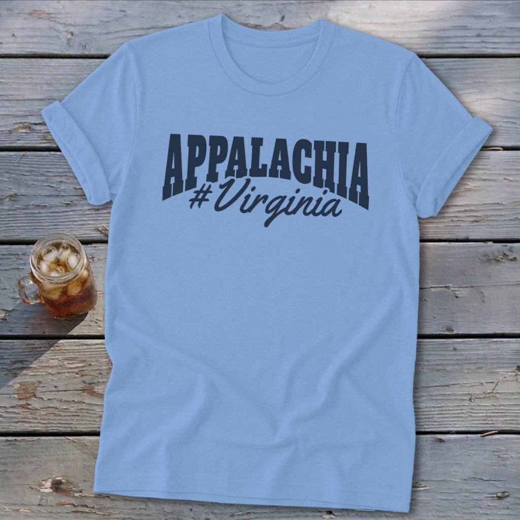 Light blue t-shirt with "APPALACHIA #Virginia" printed in dark blue.