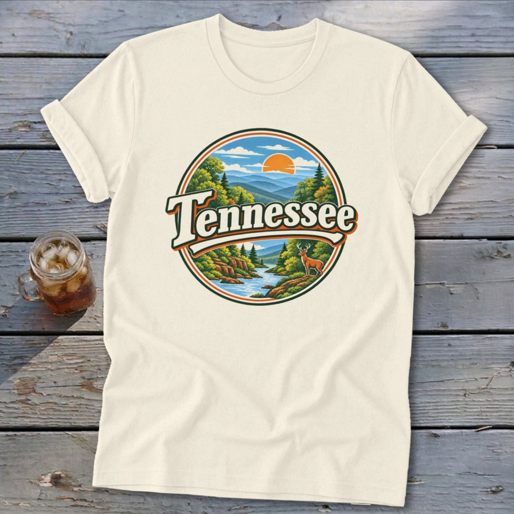 Cream t-shirt with "Tennessee" text and a circular landscape graphic.