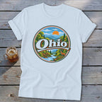White t-shirt with circular Ohio landscape graphic featuring river and deer.
