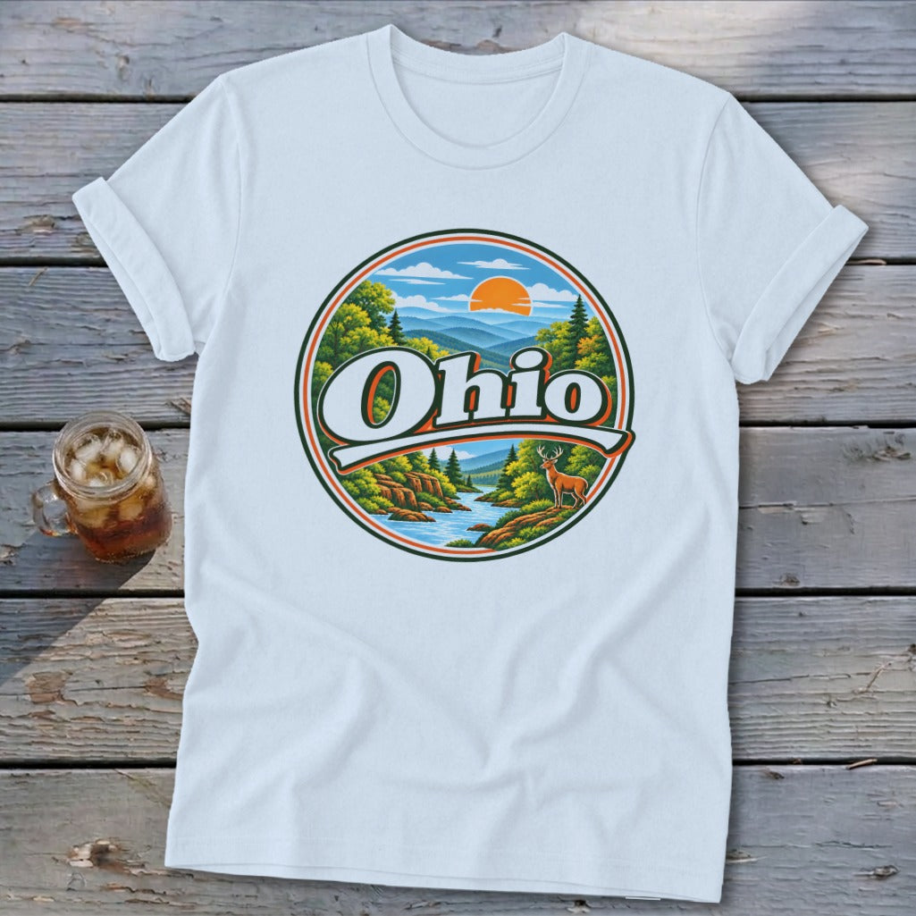 White t-shirt with circular Ohio landscape graphic featuring river and deer.