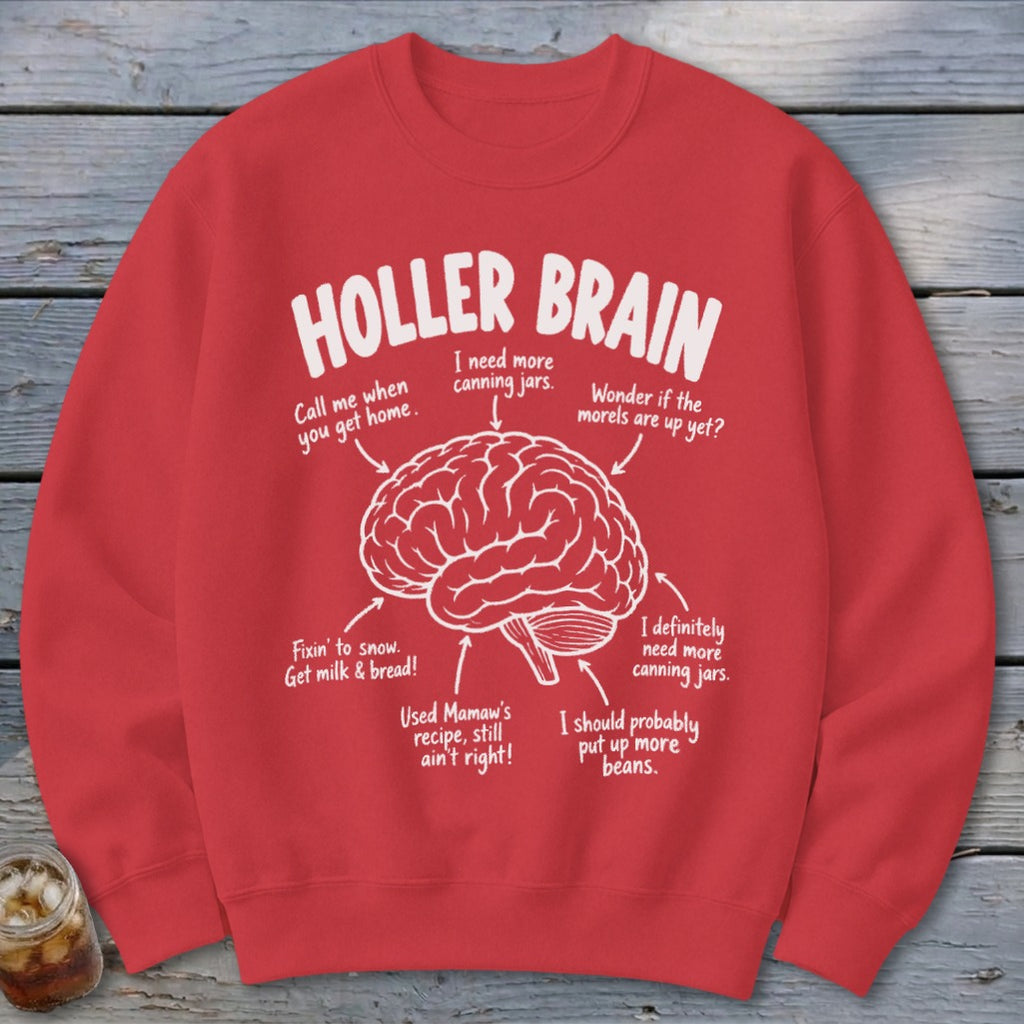 Red sweatshirt with "Holler Brain" text and a diagram of a brain with humorous captions.