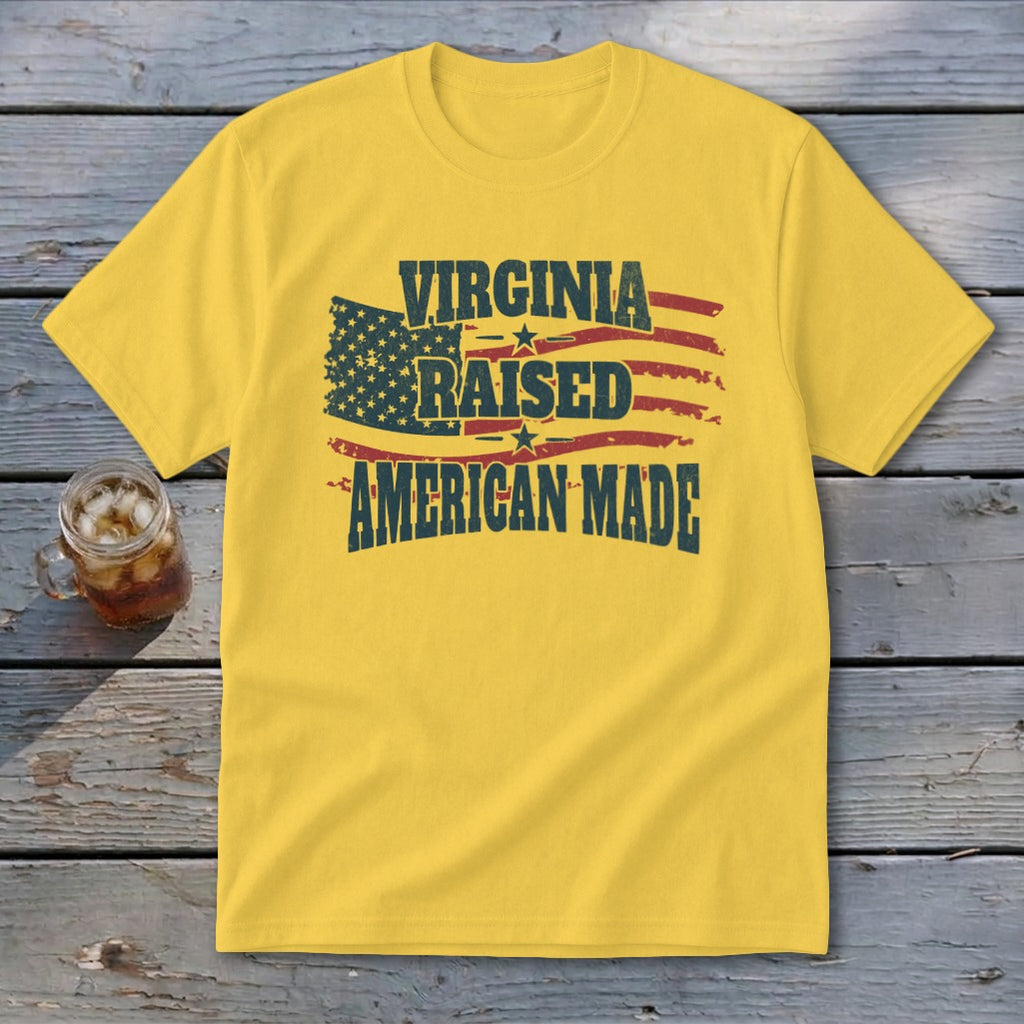 Yellow t-shirt with "VIRGINIA RAISED AMERICAN MADE" text and distressed American flag graphic.
