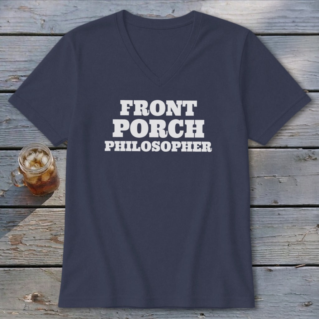 Navy v-neck t-shirt with "FRONT PORCH PHILOSOPHER" text.