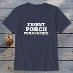 Navy v-neck t-shirt with "FRONT PORCH PHILOSOPHER" text.