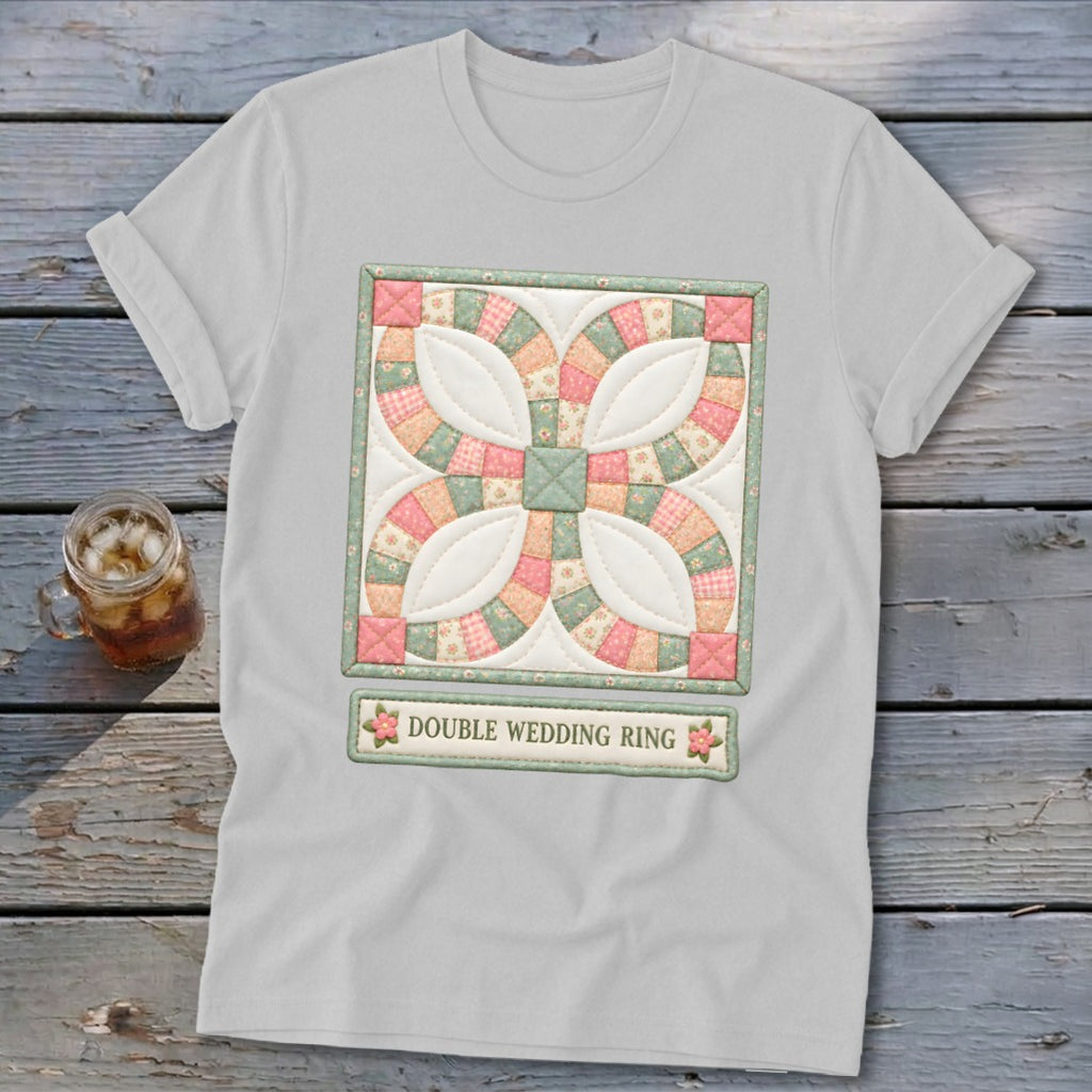 White t-shirt featuring a Double Wedding Ring quilt block and text.