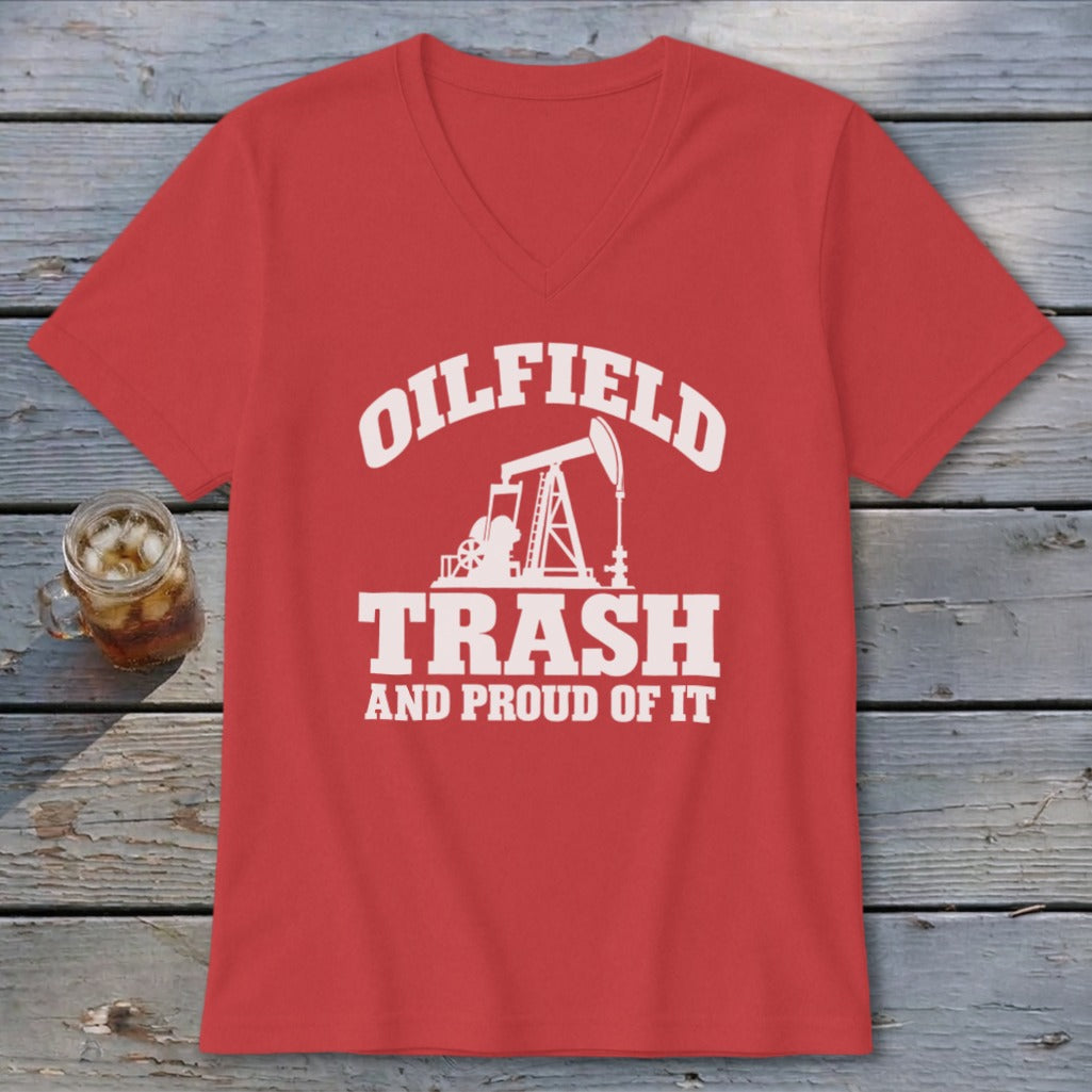 Red v-neck t-shirt with "OILFIELD TRASH AND PROUD OF IT" and oil rig graphic.