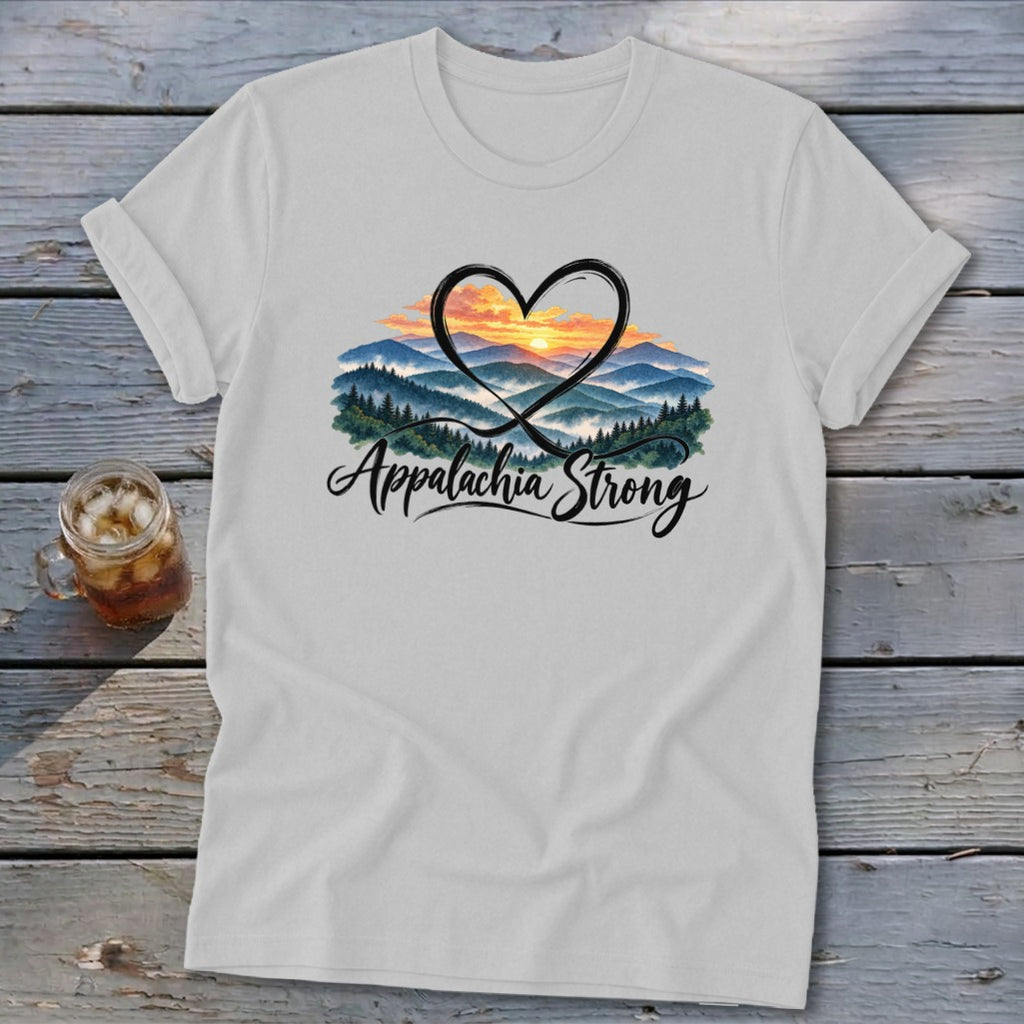 White t-shirt with a heart and mountain landscape graphic that reads "Appalachia Strong."
