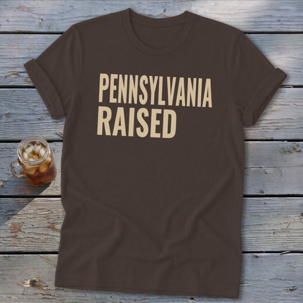 Brown t-shirt with "PENNSYLVANIA RAISED" text in tan.