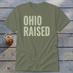 Olive green t-shirt with "OHIO RAISED" in light green text.
