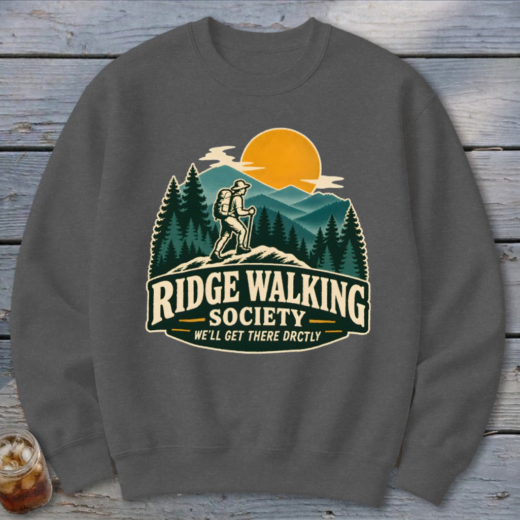 Gray sweatshirt with Ridge Walking Society logo featuring a hiker, mountains, and sun.