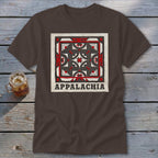 Brown short-sleeved t-shirt with a square geometric quilt block graphic and the text Appalachia.