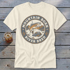 Cream t-shirt with "Mountain Born River Bred" circular graphic of jumping trout.