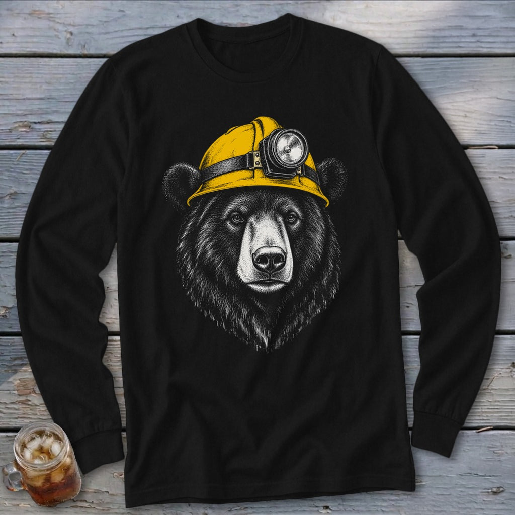 Black long-sleeve shirt with a bear wearing a yellow hard hat and headlamp.