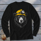 Black long-sleeve shirt with a bear wearing a yellow hard hat and headlamp.