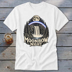 White t-shirt with "Moonbow Night" graphic featuring a waterfall, forest, and moon.