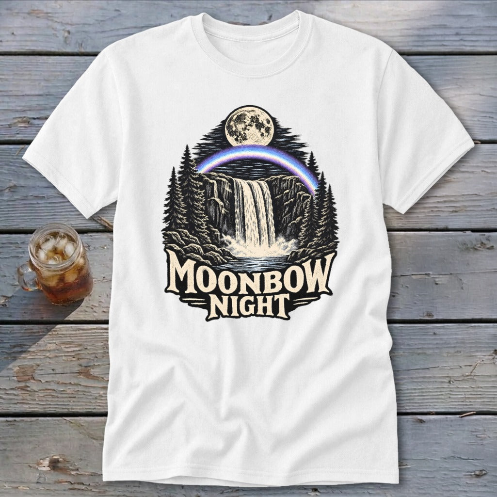 White t-shirt with "Moonbow Night" graphic featuring a waterfall, forest, and moon.