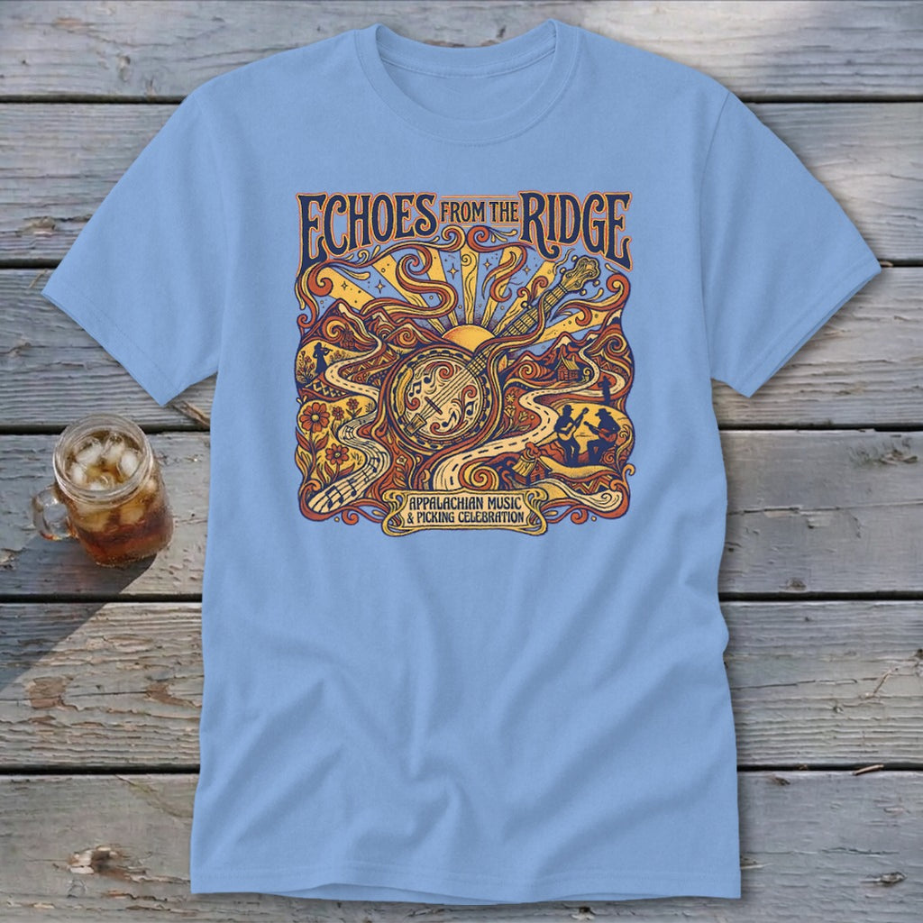 Light blue t-shirt featuring "Echoes from the Ridge" and Appalachian music design.