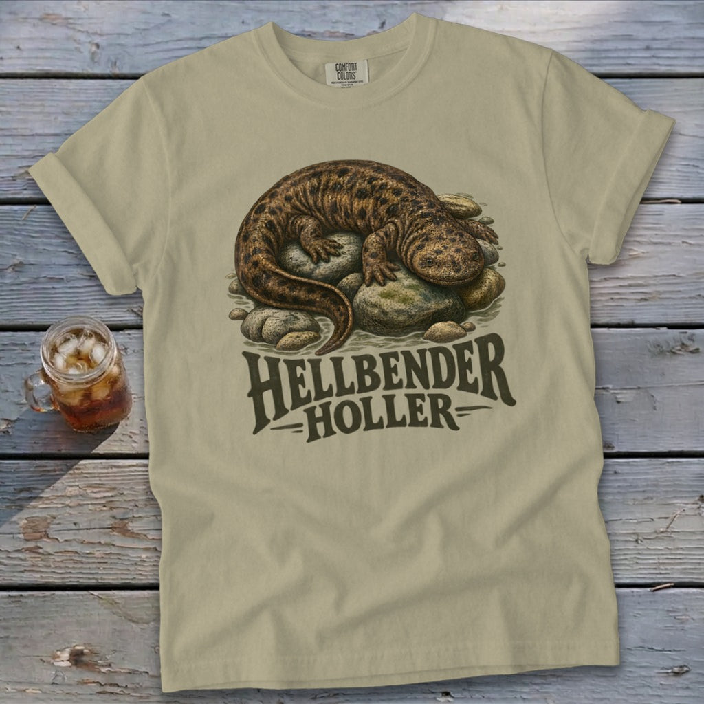 T-shirt with a hellbender salamander resting on rocks and "Hellbender Holler" text.