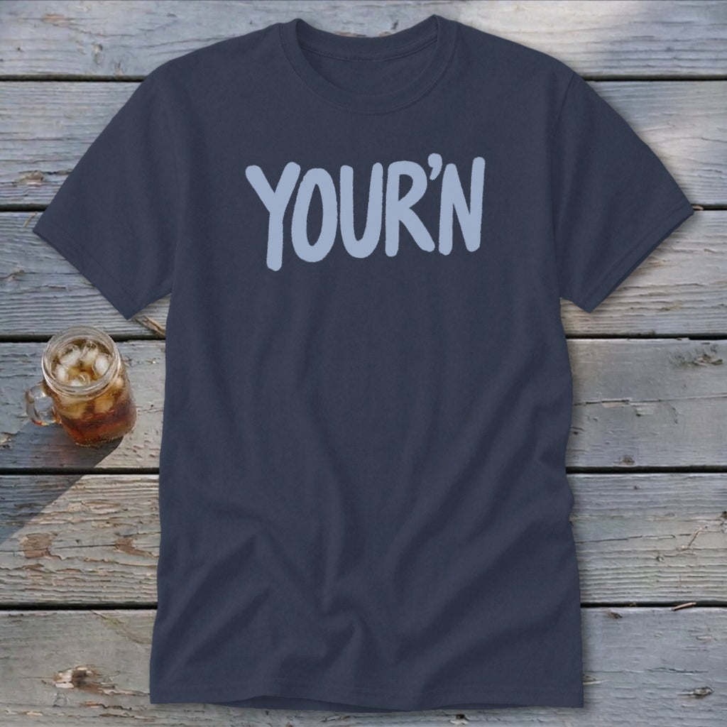Navy t-shirt with light blue text that says "YOUR'N".