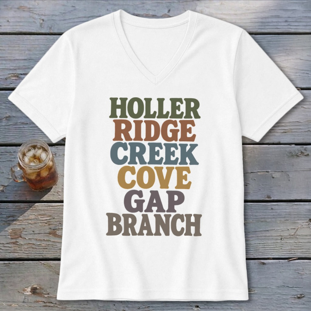 A white V-neck t-shirt with multi-colored stacked text reading HOLLER RIDGE CREEK COVE GAP BRANCH.