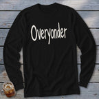 Black long-sleeve shirt with white text that reads "Overyonder".