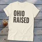 Cream t-shirt with "OHIO RAISED" text and a drink in a mason jar.