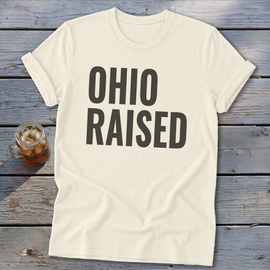 Cream t-shirt with "OHIO RAISED" text and a drink in a mason jar.