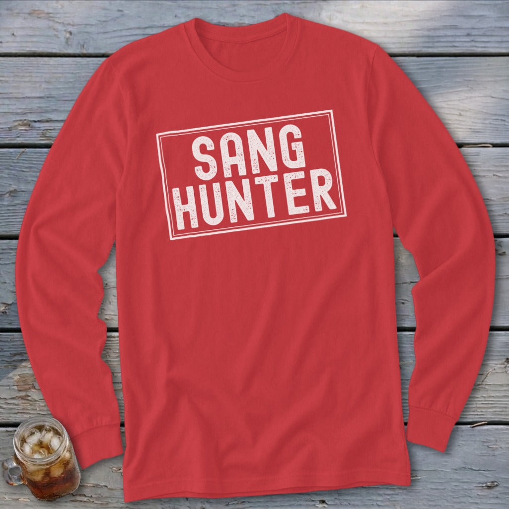 Red long-sleeve shirt with "SANG HUNTER" text in a white box.