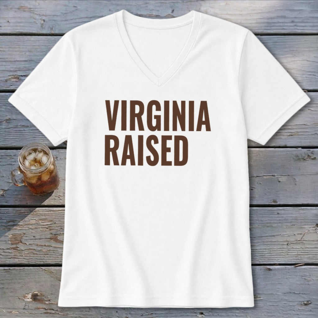 White v-neck t-shirt with "VIRGINIA RAISED" text in brown letters.