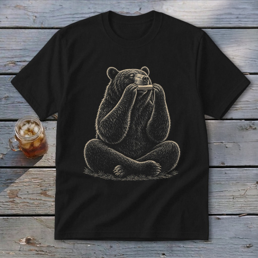 Black t-shirt featuring a stylized bear playing a harmonica.