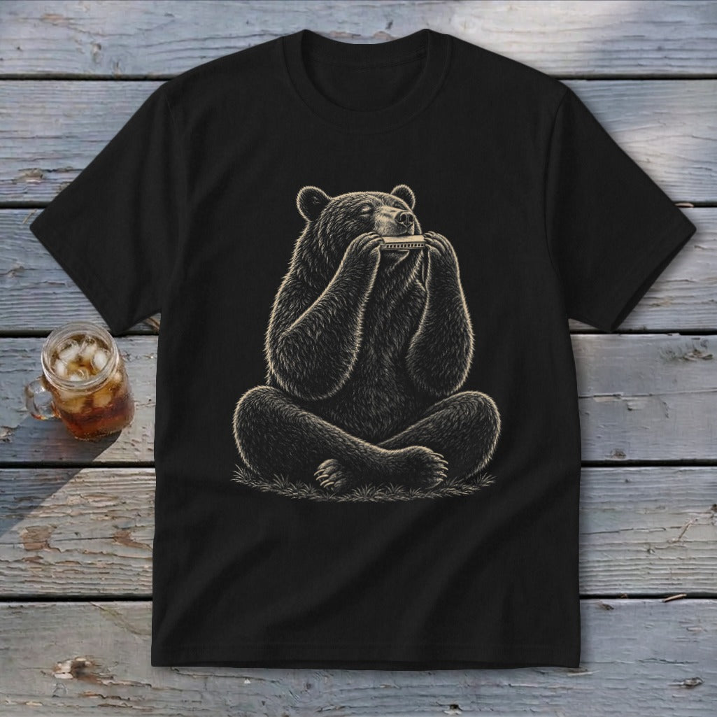 Black t-shirt featuring a stylized bear playing a harmonica.