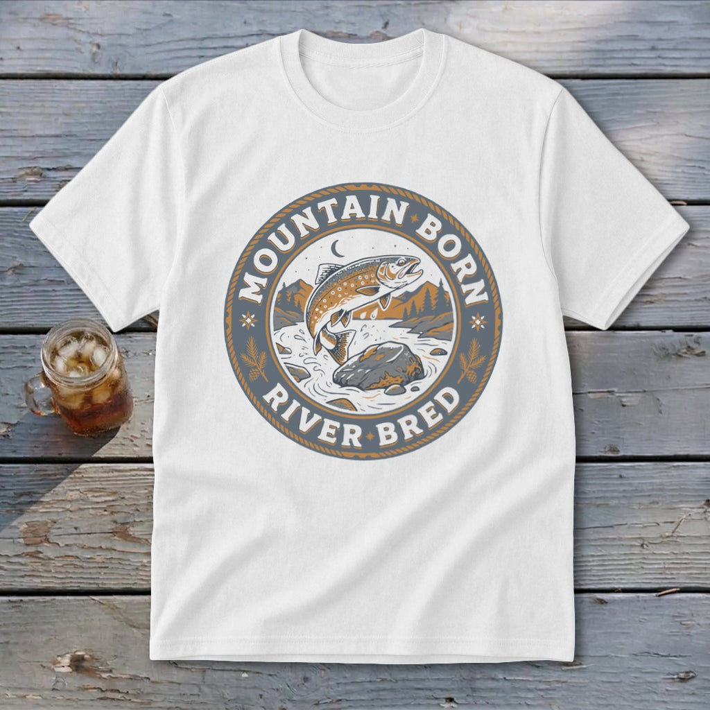 White t-shirt with circular "Mountain Born River Bred" graphic featuring a jumping trout.