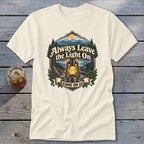 Cream t-shirt featuring a lantern with "Always Leave the Light On" and "Come On In".