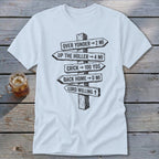 A white t-shirt featuring a black graphic of a wooden signpost with directional text.
