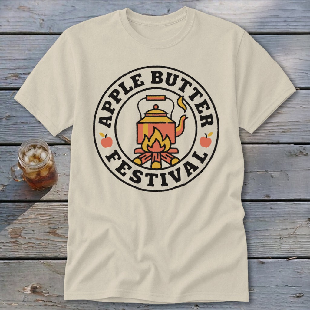 Cream t-shirt with Apple Butter Festival logo featuring a kettle over a campfire.
