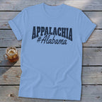 Light blue t-shirt with "APPALACHIA #Alabama" printed in dark blue text.