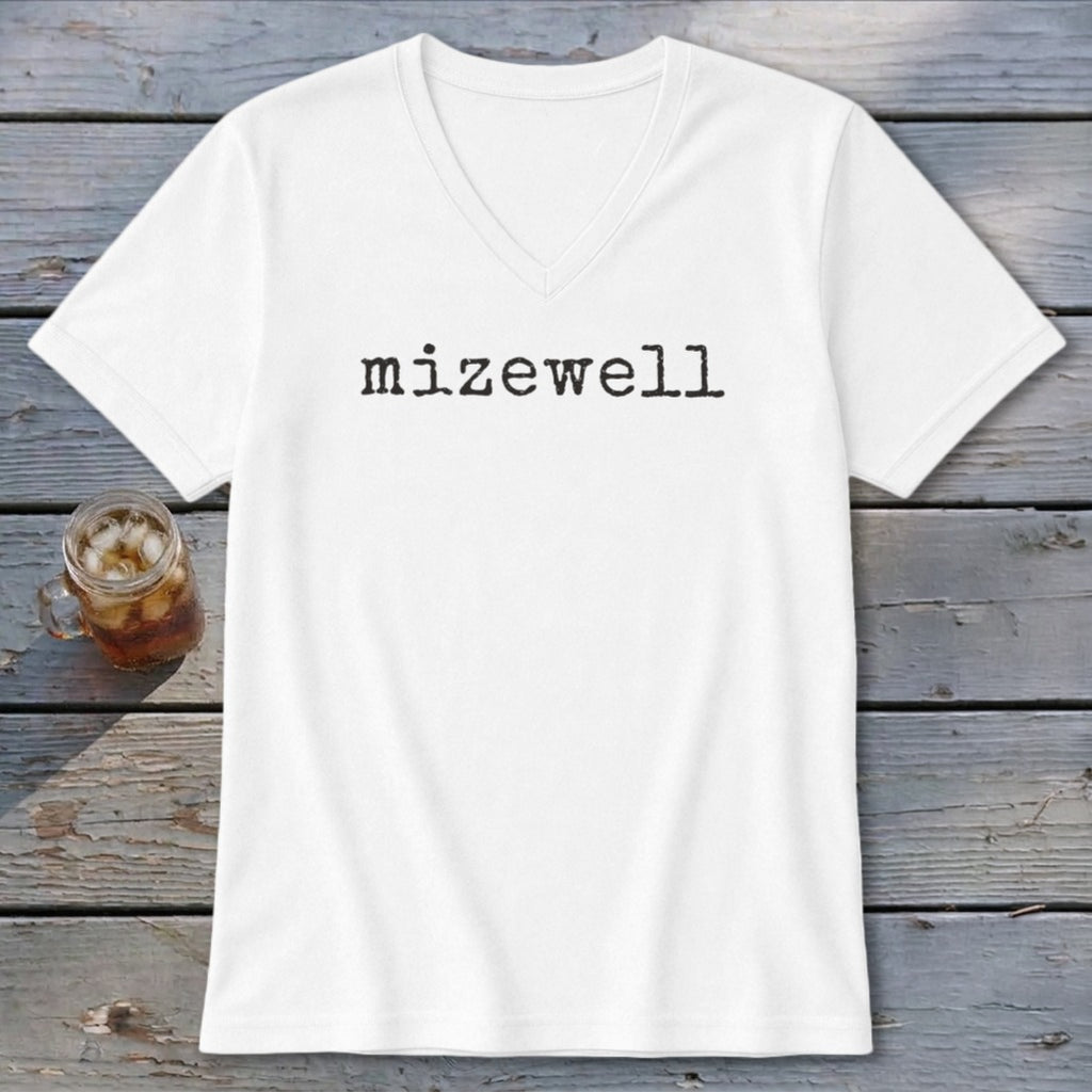 White V-neck t-shirt with the word "mizewell" printed in black typewriter font.