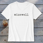 White V-neck t-shirt with the word "mizewell" printed in black typewriter font.