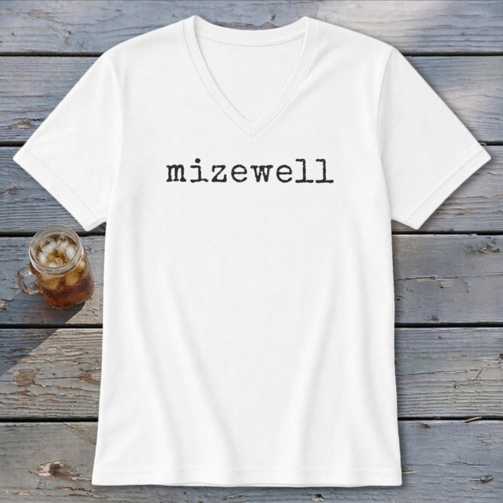 White V-neck t-shirt with the word "mizewell" printed in black typewriter font.