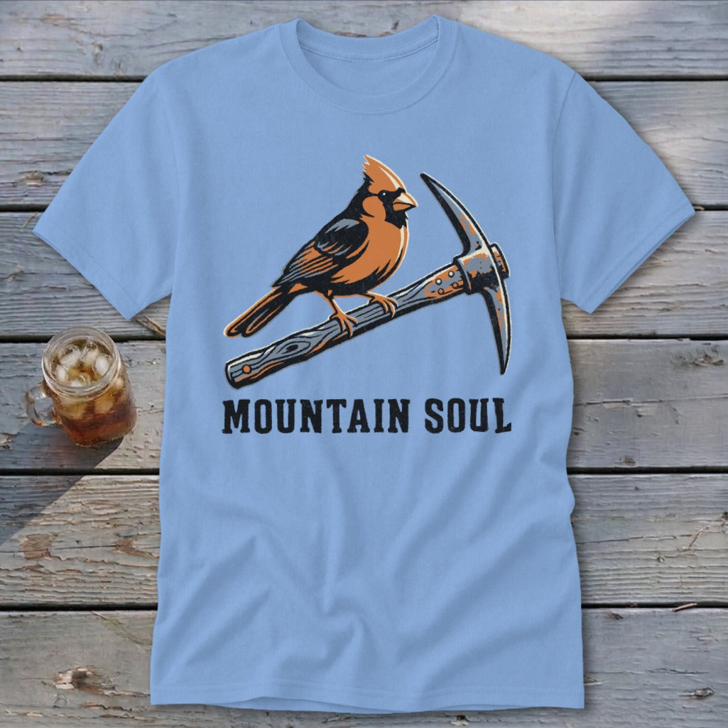 Light blue t-shirt with cardinal perched on a pickaxe, reads "MOUNTAIN SOUL".