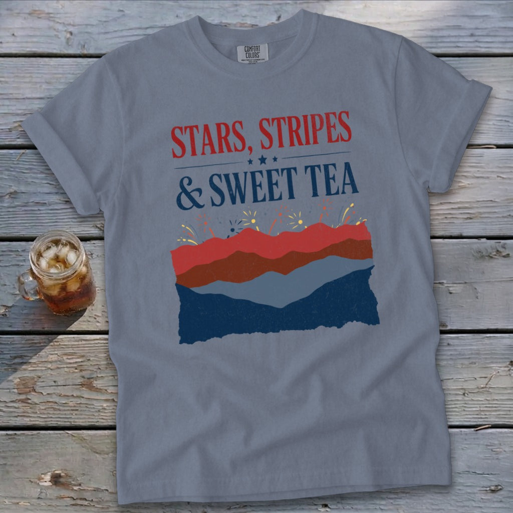 Stars, Stripes & Sweet Tea graphic on a slate blue t-shirt.