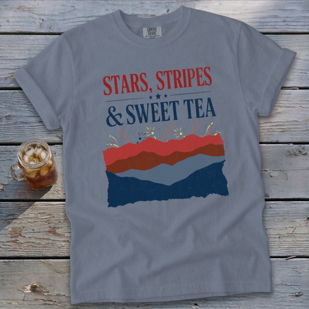 Stars, Stripes & Sweet Tea graphic on a slate blue t-shirt.