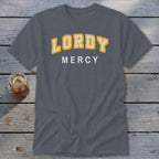 Gray t-shirt with yellow "LORDY" and white "MERCY" text.