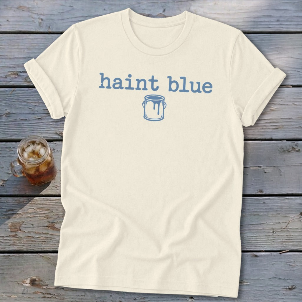 Cream t-shirt with "haint blue" text and a paint can graphic.