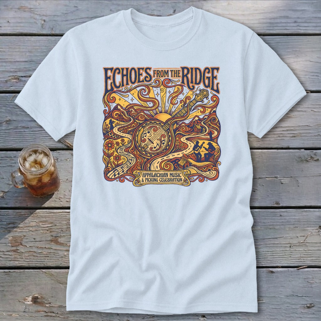 Light blue t-shirt with "Echoes From The Ridge" and Appalachian music graphic.